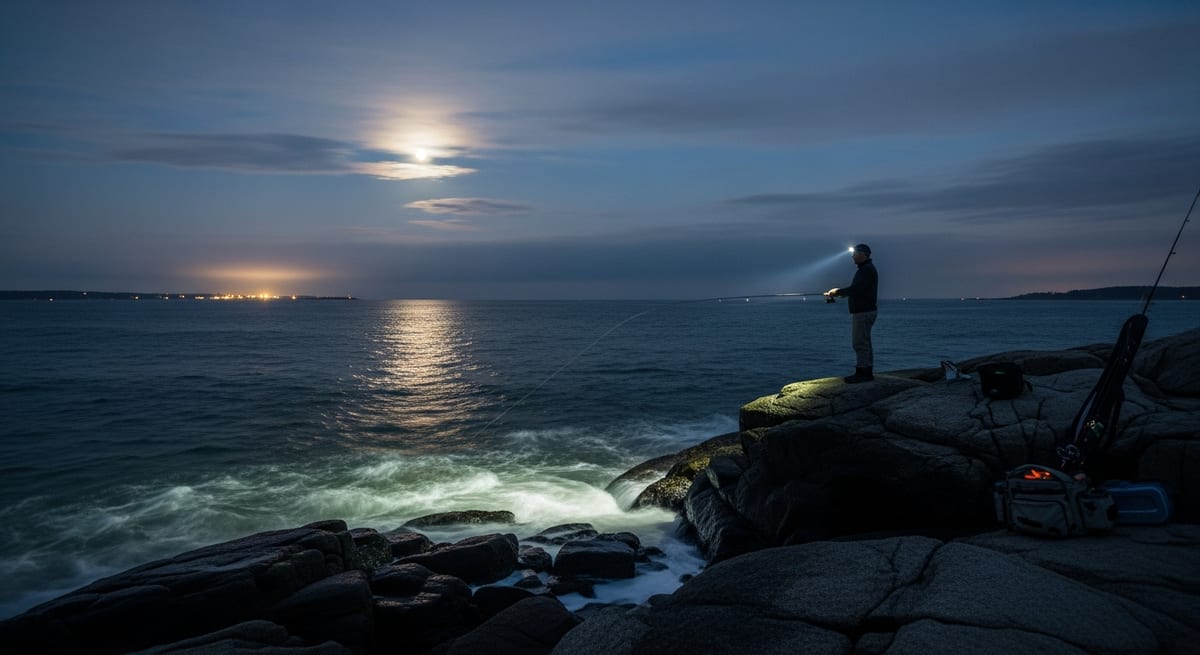CT Shore Casters at Old Saybrook, Hammonasset, and the Connecticut River Mouth Report That the Largest Stripers Show After Dark — What Tidal Windows, Lighted Bridges, and the Shore-Plugging Community Reveal About Night Fishing Long Island Sound